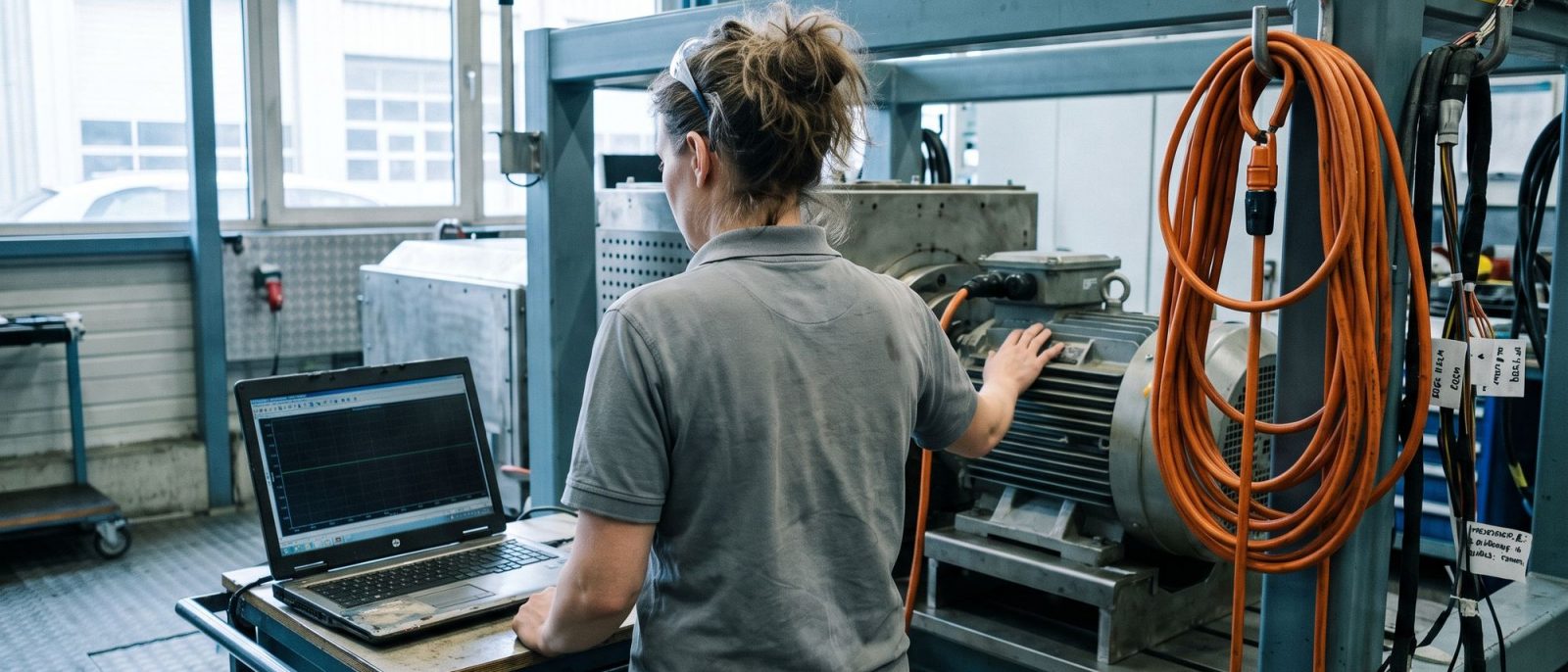 Ingenieurin am Prüfstand mit einer elektrischen Antriebseinheit und aufgeklapptem Laptop.