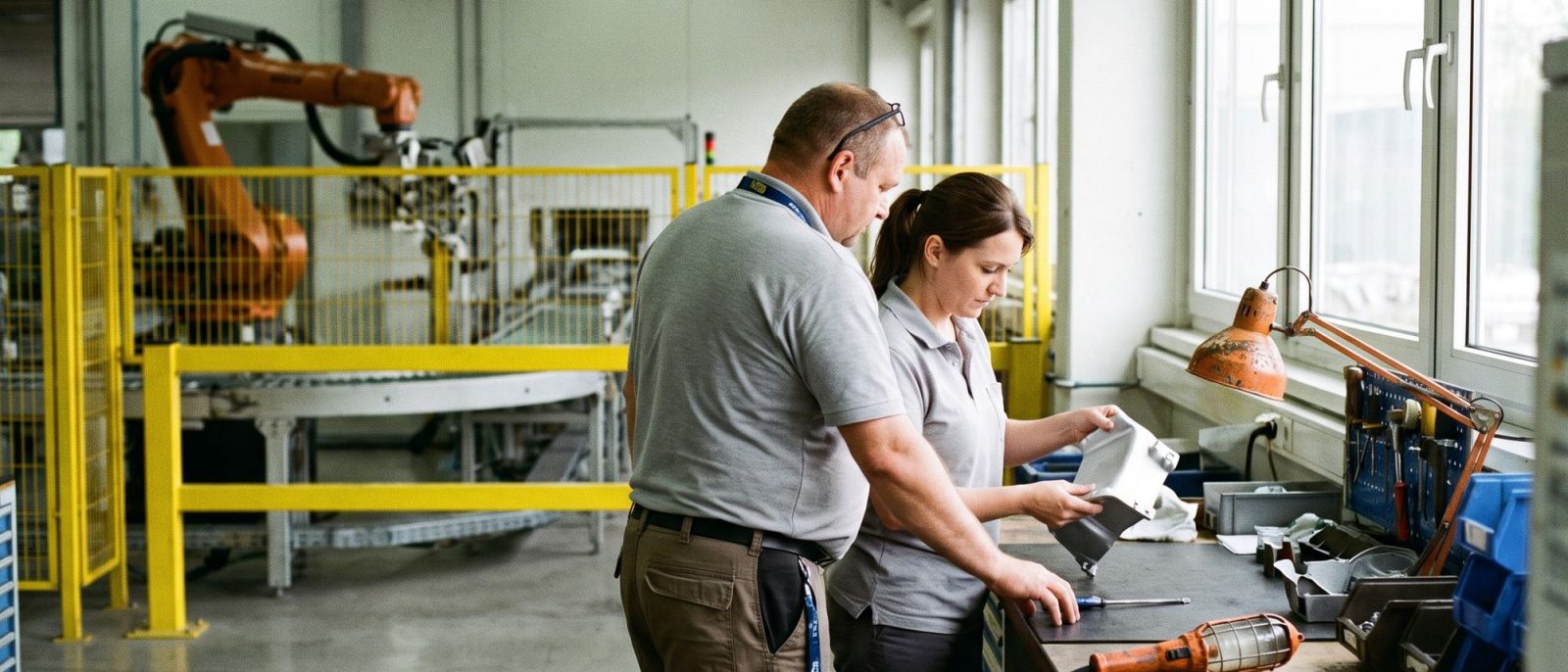 Zwei Beschäftigte begutachten ein Aluminiumgehäuse an einer Werkbank, dahinter eine Roboterzelle.