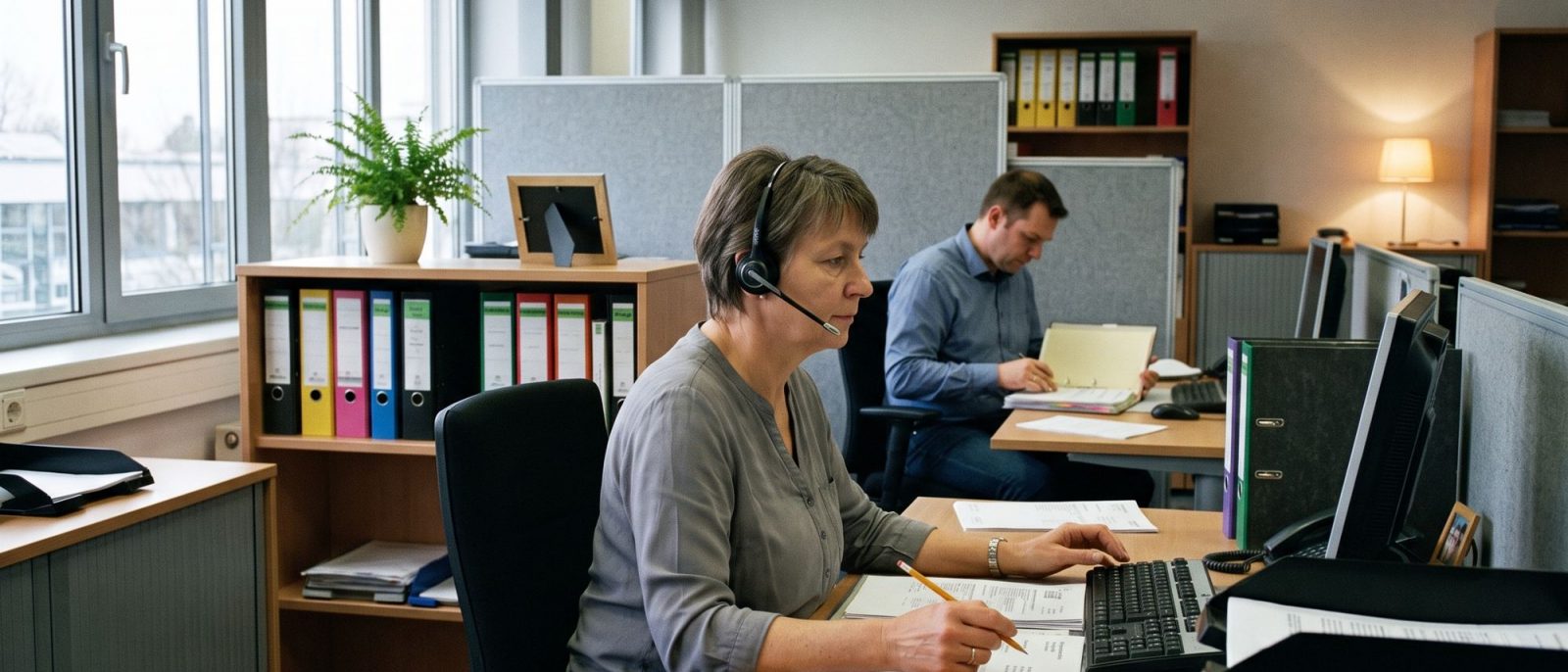 Mitarbeiterin der Auftragsabwicklung mit Headset und einer handschriftlich korrigierten Auftragsbestätigung.