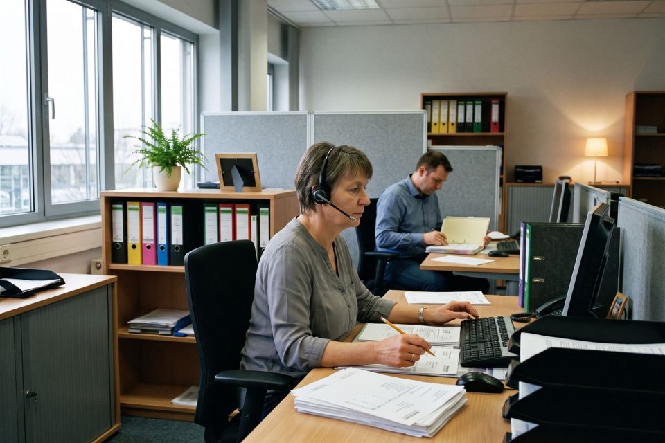 Mitarbeiterin der Auftragsabwicklung mit Headset und einer handschriftlich korrigierten Auftragsbestätigung.