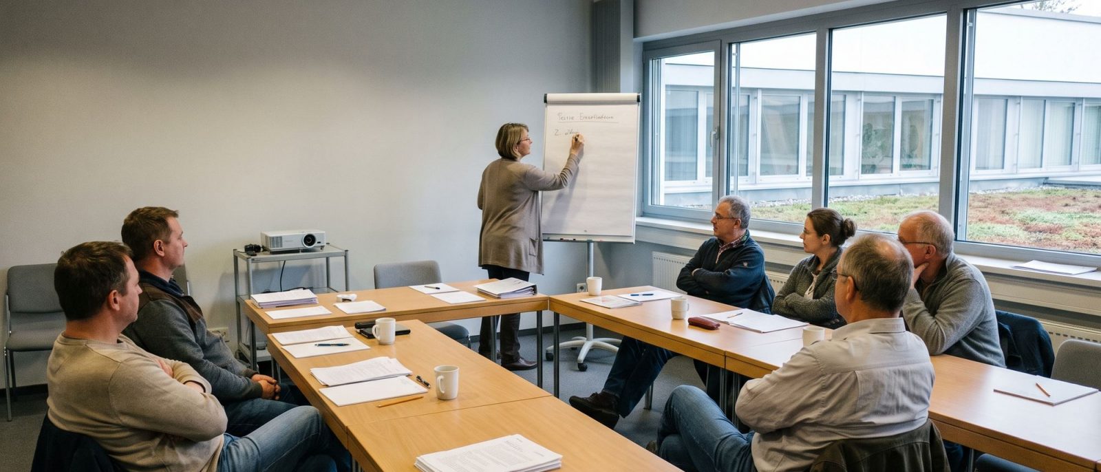 Blick aus der letzten Reihe auf eine interne Schulung mit Flipchart und ausgedruckten Unterlagen.