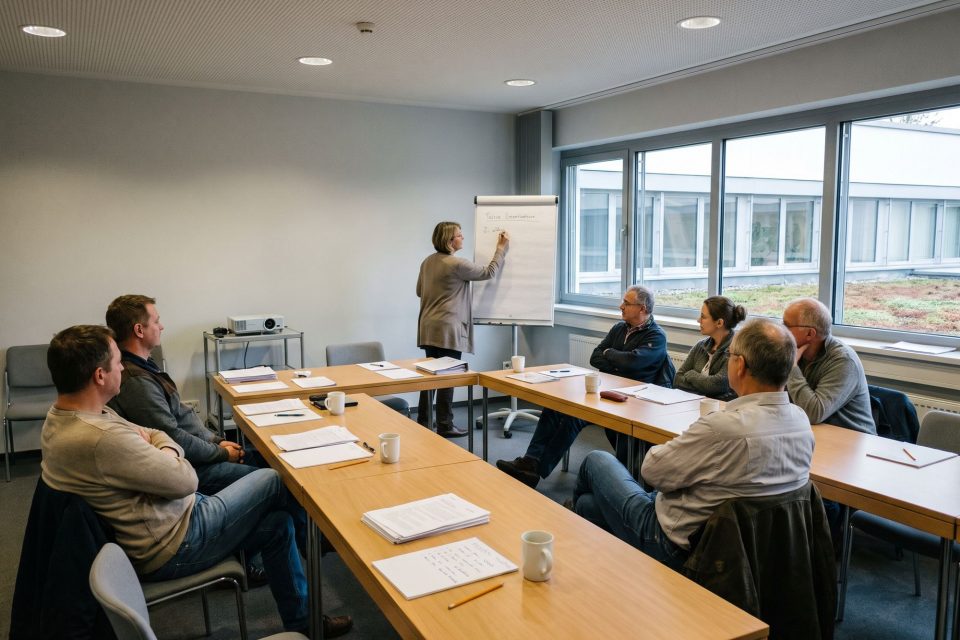 Blick aus der letzten Reihe auf eine interne Schulung mit Flipchart und ausgedruckten Unterlagen.