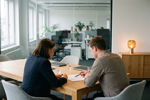 Zwei Personen im Kundentermin über einem ausgedruckten Papier am Besprechungstisch.