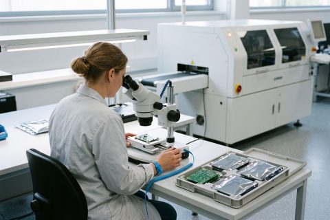 Mitarbeiterin prüft eine Leiterplatte unter dem Stereomikroskop, dahinter ein Bestückungsautomat.