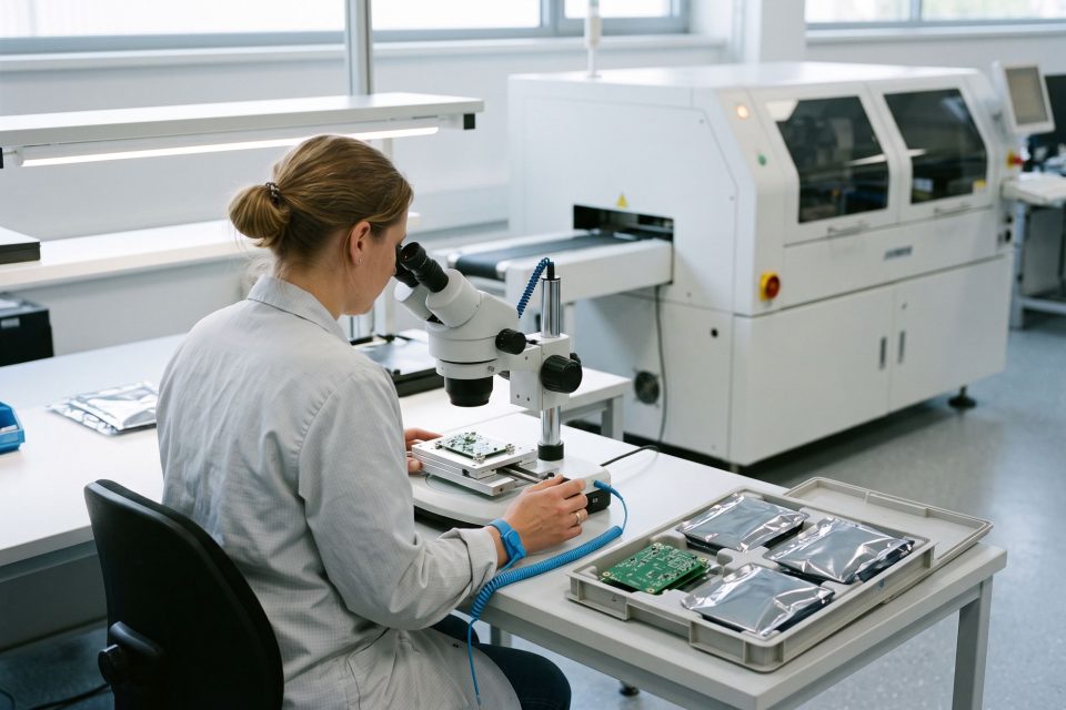 Mitarbeiterin prüft eine Leiterplatte unter dem Stereomikroskop, dahinter ein Bestückungsautomat.