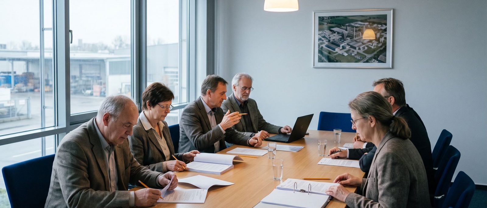 Sechs Personen an einem langen Besprechungstisch mit ausgedruckten Beschlussvorlagen.