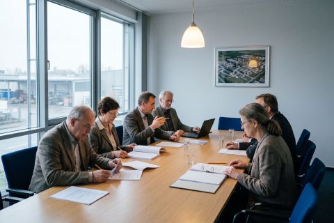 Sechs Personen an einem langen Besprechungstisch mit ausgedruckten Beschlussvorlagen.