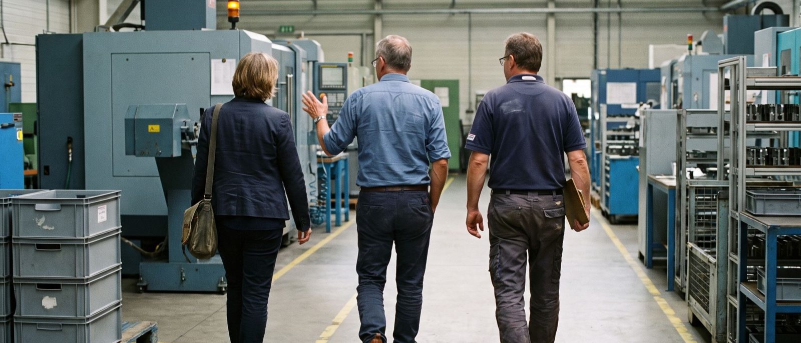 Drei Personen bei der Werksbegehung im Hallengang, eine zeigt auf eine Maschine.