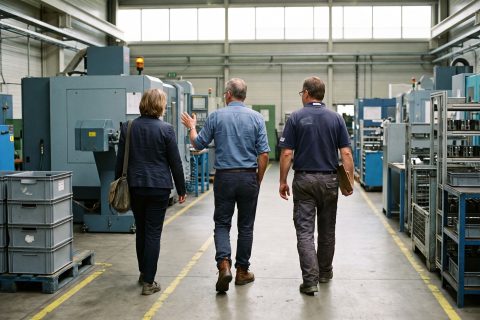 Drei Personen bei der Werksbegehung im Hallengang, eine zeigt auf eine Maschine.