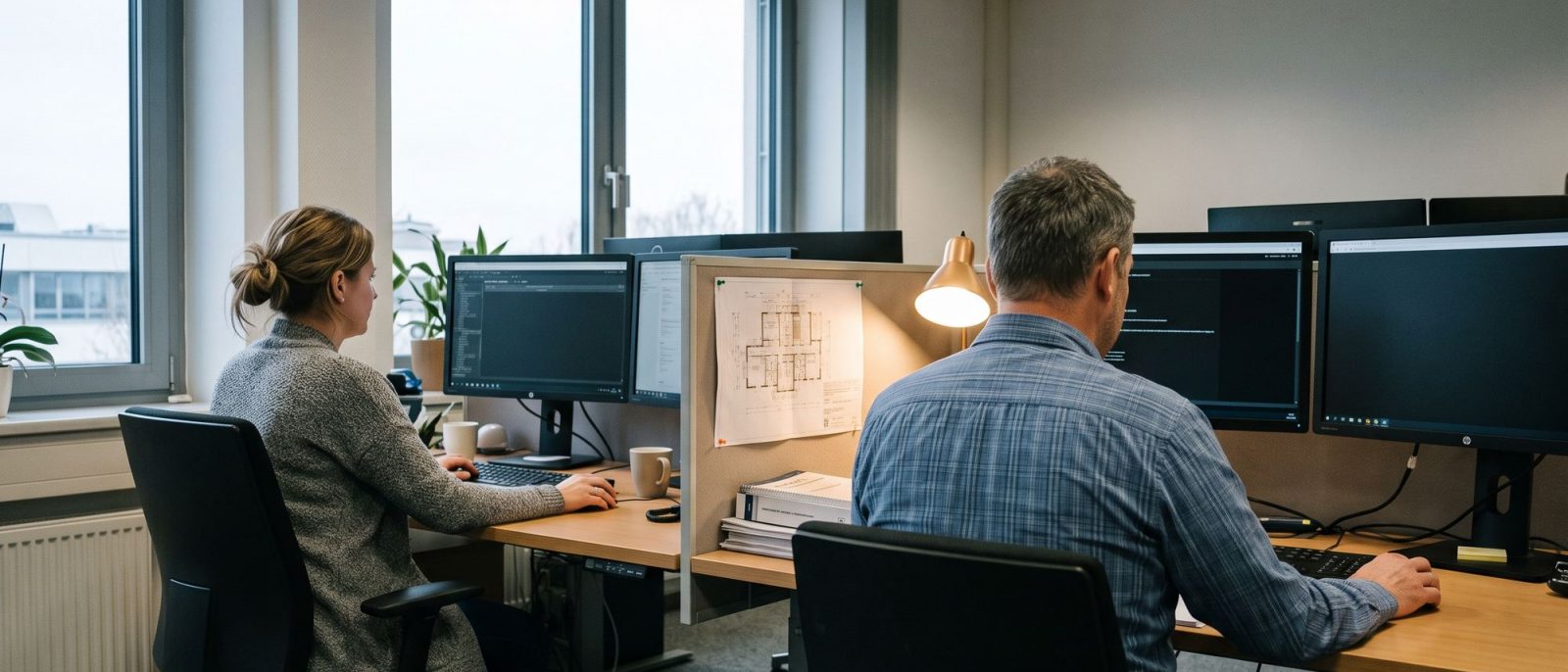 Zwei IT-Mitarbeitende an benachbarten Schreibtischen, zwischen ihnen eine ausgedruckte Architekturskizze.