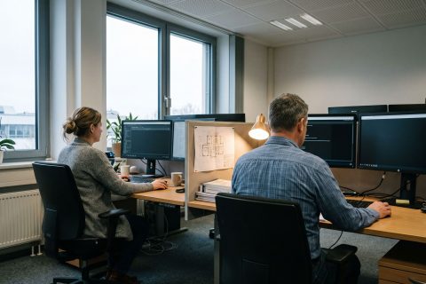 Zwei IT-Mitarbeitende an benachbarten Schreibtischen, zwischen ihnen eine ausgedruckte Architekturskizze.