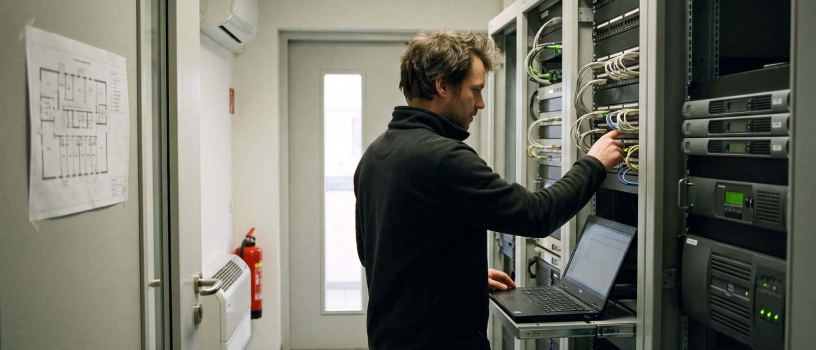Techniker mit Laptop zwischen zwei Serverschränken im hauseigenen Technikraum.