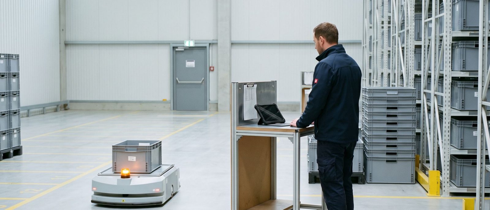 Koordinator beobachtet ein fahrerloses Transportfahrzeug im Gang eines automatisierten Lagers.