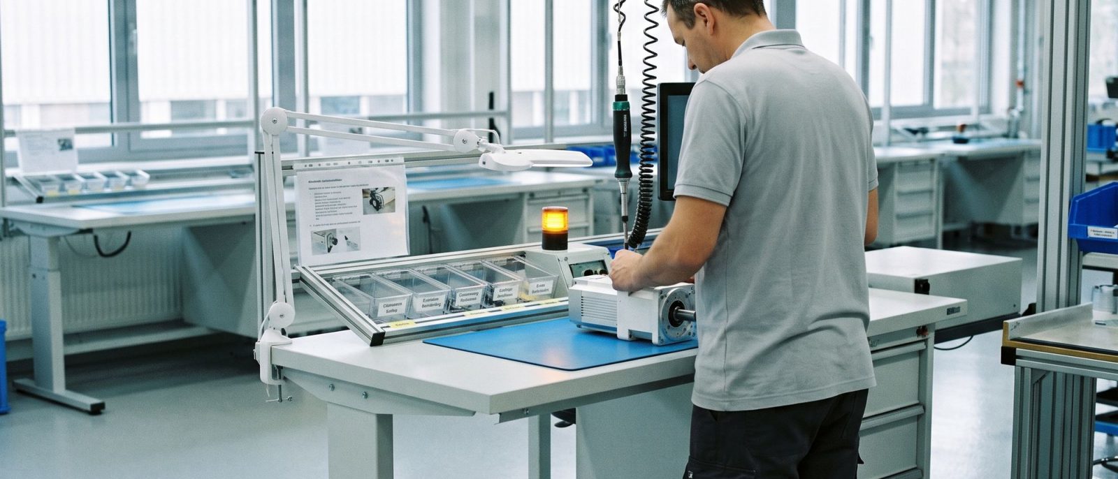 Techniker montiert an einem hellen Montagearbeitsplatz eine kompakte Antriebseinheit.