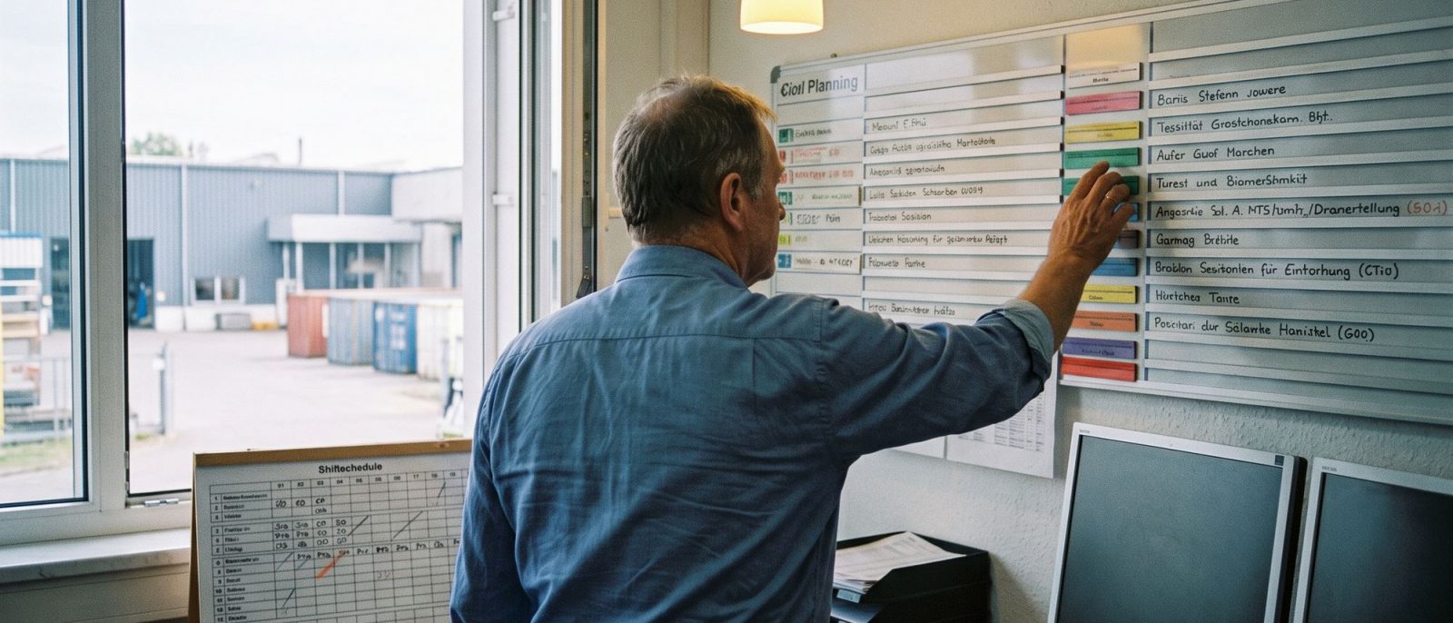 Planer verschiebt einen Kartenstreifen an einer großen Plantafel der Produktionsplanung.