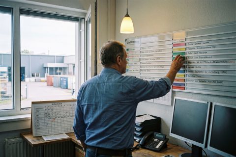 Planer verschiebt einen Kartenstreifen an einer großen Plantafel der Produktionsplanung.