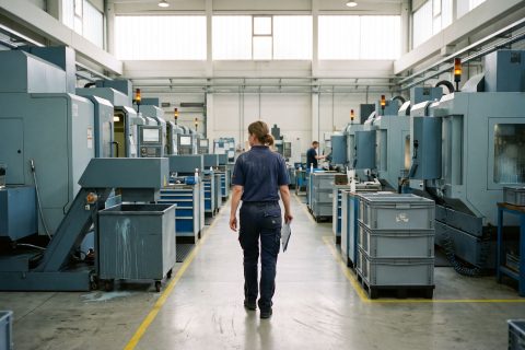 Blick durch den Hauptgang einer modernen Fertigungshalle mit Bearbeitungszentren auf beiden Seiten.