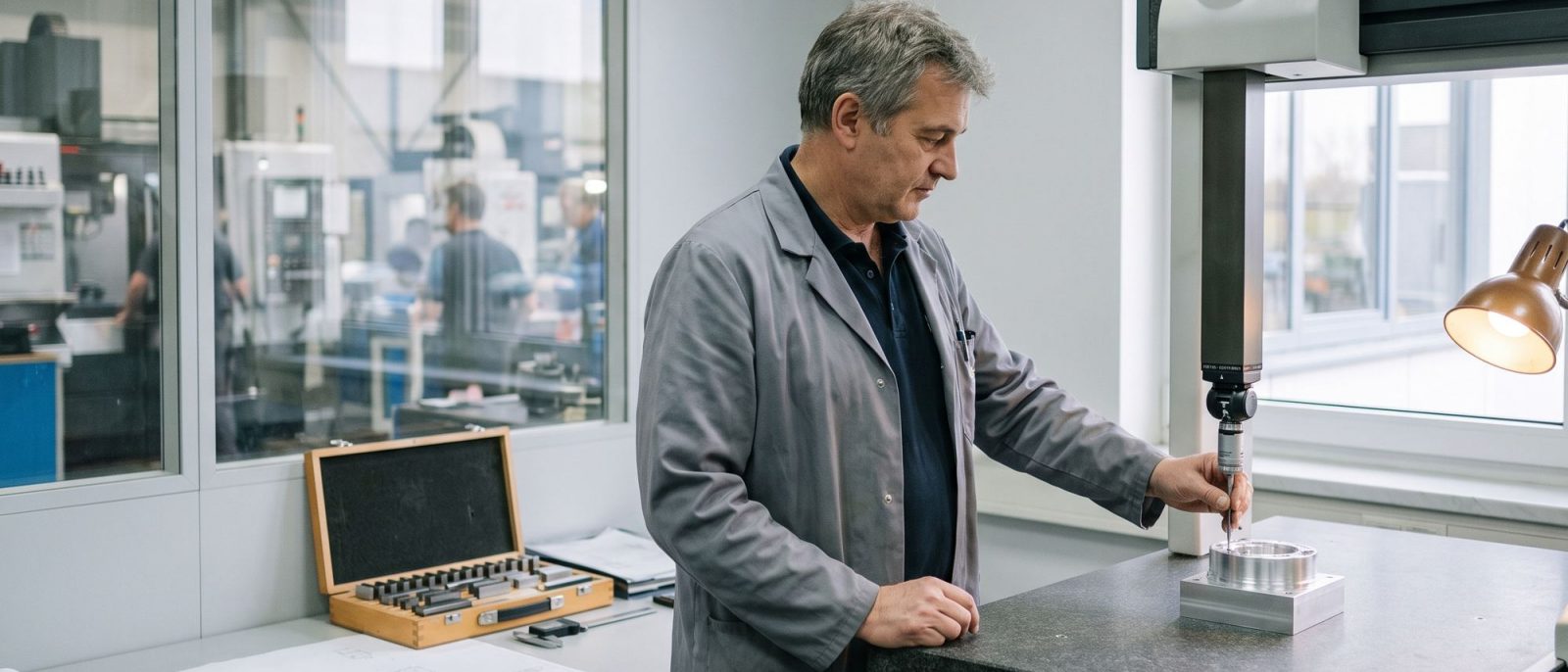 Qualitätstechniker führt einen Tastkopf über ein Bauteil auf der Granitplatte einer Messmaschine.