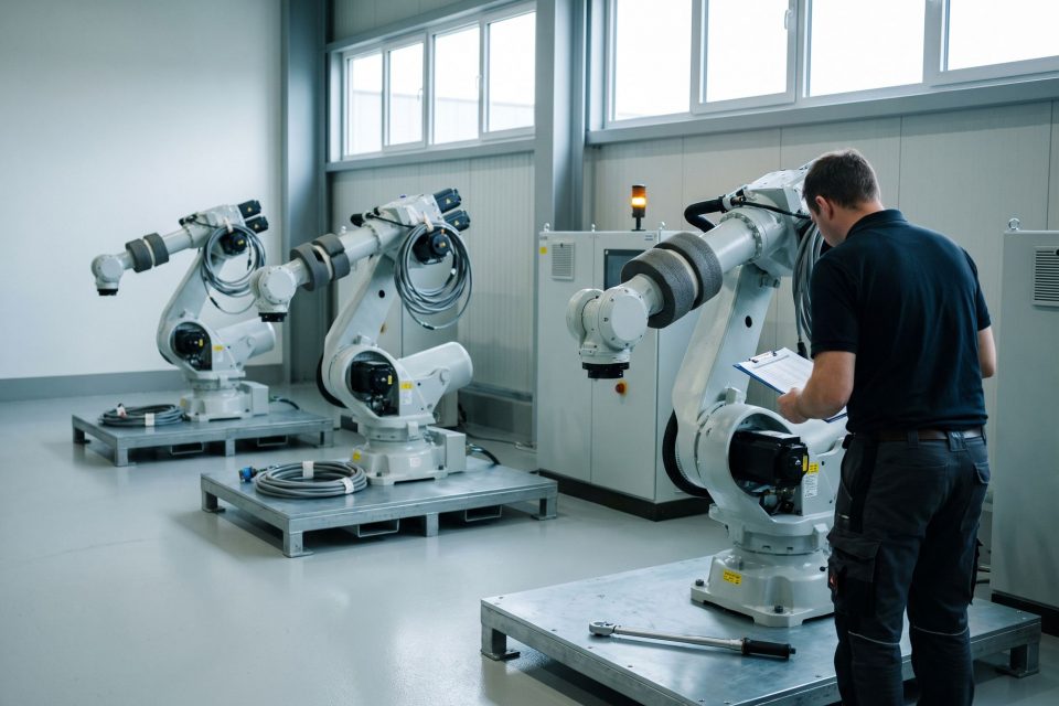 Qualitätsingenieur mit Prüfliste neben drei fertigen Industrierobotern auf Transportpaletten.