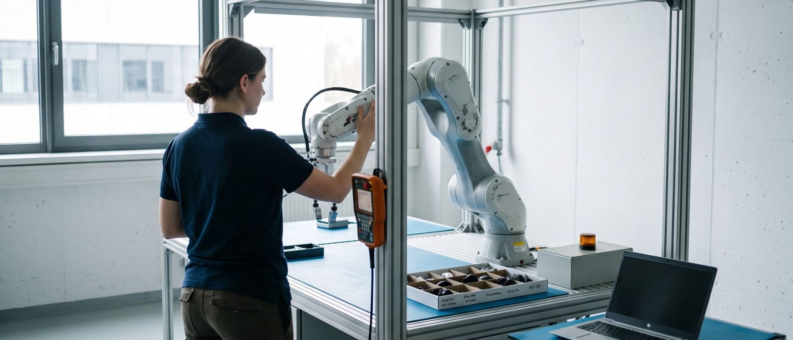 Ingenieurin führt in einer hellen Roboterzelle den Arm eines Leichtbauroboters von Hand an eine Position.
