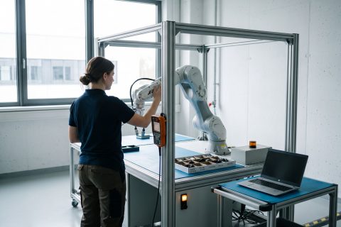 Ingenieurin führt in einer hellen Roboterzelle den Arm eines Leichtbauroboters von Hand an eine Position.
