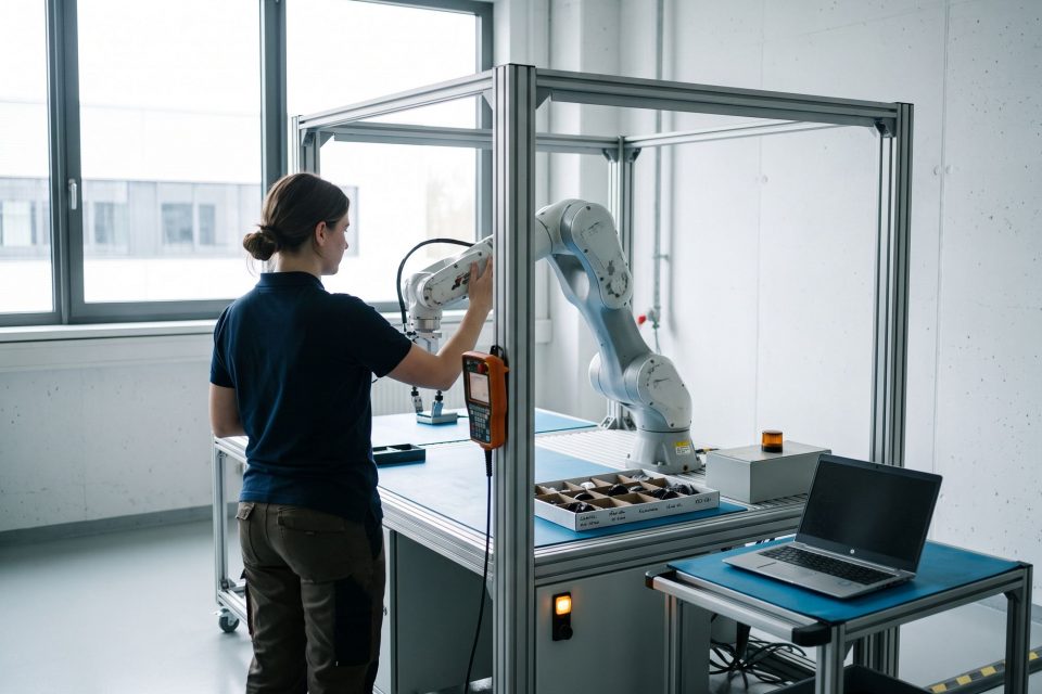 Ingenieurin führt in einer hellen Roboterzelle den Arm eines Leichtbauroboters von Hand an eine Position.
