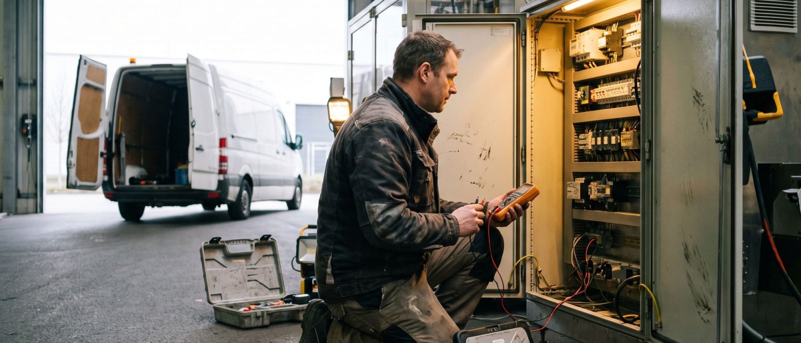 Servicetechniker am geöffneten Schaltschrank einer Maschine beim Kunden, dahinter ein Servicefahrzeug.