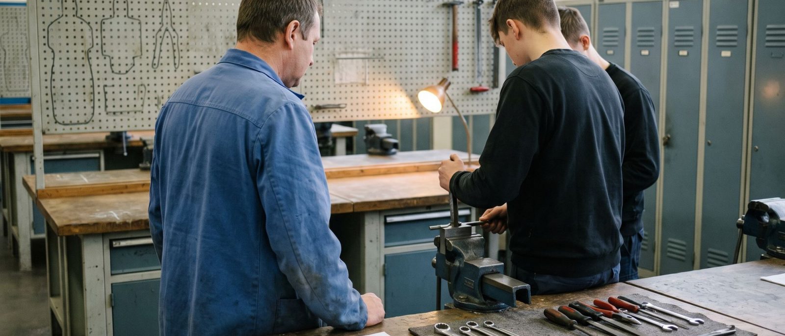 Ausbilder und zwei Auszubildende an einer Werkbank der Lehrwerkstatt.
