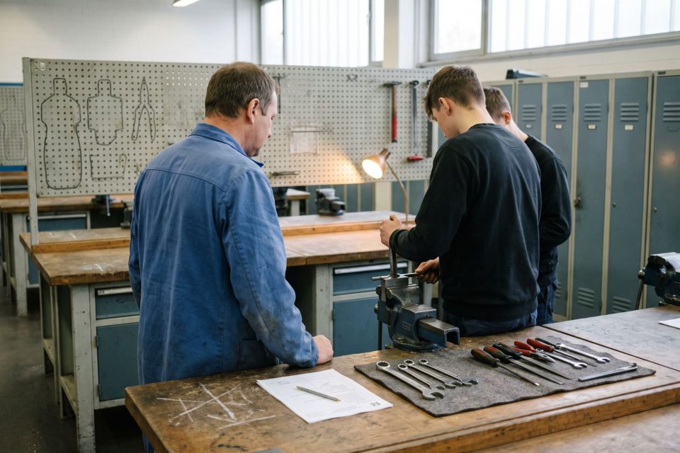 Ausbilder und zwei Auszubildende an einer Werkbank der Lehrwerkstatt.